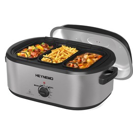 HEYNEMO Electric Roaster Oven, 20 QT Turkey Roaster with Self-Basting Lid and Buffet Server, Turkey Roaster Oven with Defrost and Warm Function, Removable Pan & Rack, Stainless Steel, Silver