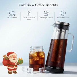 BrewMOO- Airtight Cold Brew Coffee Maker Pitcher, 1.4L/48Oz Thick Glass Carafe with Filter, Comfort Sturdy Handle & Wide Spout, Non-Slip Base | Iced Tea Maker (Black)