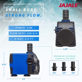 JAJALE 320 GPH Submersible Water Pump Ultra Quiet for Pond,Aquarium,Fish Tank,Fountain,Hydroponics