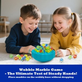 Wobble Marble Game - Balance Stacking Game for Kids 6-12 & Families - Fun Birthday Party Games with 60 Glass Marbles, Dice & Challenge Cards - Indoor Tabletop Toy for 1-4 Players