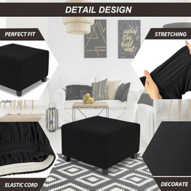 TOPHMDECOR Ottoman Cover Square X-Large Stretch Slipcover for Ottomans Soft Intertwined Pattern Footstool Cover with Elastic Bottom,Black,X-Large