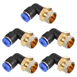 PATIKIL 1/4 inch push-to-connect fitting, pack of 5 PT-Male thread, 90 degree connection, 4 mm hose elbow and straight combination, air hose fitting, pneumatic, blue