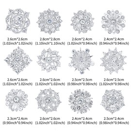 MEEDOZ Lot 24Pcs Assorted Crystal Rhinestone Flower Brooch Pins Set for Crafts Embellishment, Wedding Bouquet Brooches for Women Fashion (Silver)