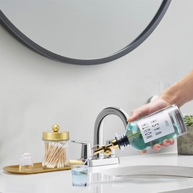 Glass Mouthwash Dispenser for Bathroom with Cups, Style Mouthwash Container Bottle with Qtip Holder,Glass Bottle 11.8oz Refillable Mouthwash Dispenser with Tray Funnel, Golden