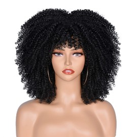 ANNISOUL 14Inch Short Curly Afro Wigs for Black Women Bomb Afro Kinky Curly Wig with Bangs Synthetic Fiber Full Wig(Black)