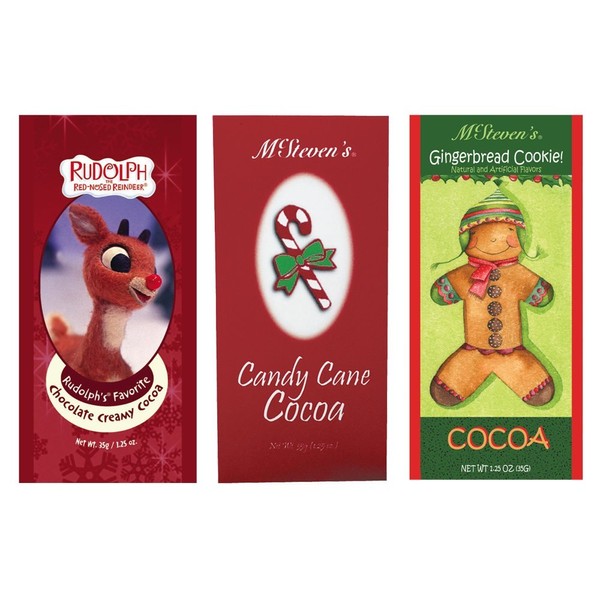 Candy Cane, Gingerbread and Rudolph The Red Nosed Reindeer Hot Chocolate Cocoa Set of SIX Single Serve Packets – Best Gourmet Gift or Stocking Stuffer