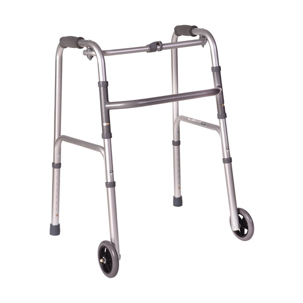 DMI Lightweight Aluminum Folding Walker with Single Release, 5 Inch Wheels, Adjustable Height, No Assembly Needed, Silver, 250 lb Weight Capacity