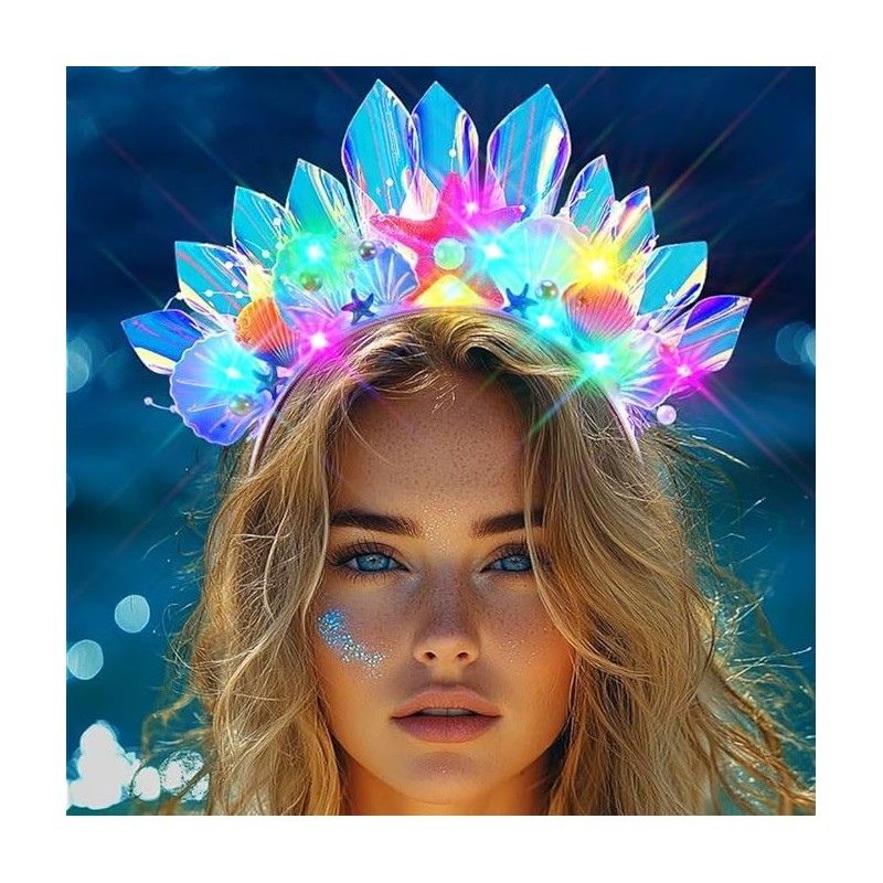 Evlry LED Crown Headband Luminous Shell Headpiece Glitter Starfish Beads