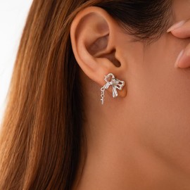 Bow Earrings Women Ribbon Stud Earrings Cute Ribbon Earrings Birthday Party Jewelry Christmas Gifts for Women (silver-8), Small, Copper, No Gemstone