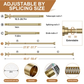 AIZESI Gold Tension Curtain Rod No Drilling 28-50Inch,Spring Tension Rod Non-Slip,Bathroom Shower Rod Non-Rust,Adjusatable Tension Rod For Windows Doorway Curtains