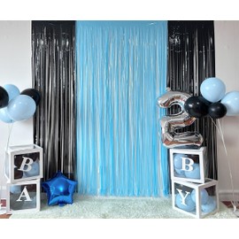 Dahick 4 Pack Black and Blue Foil Fringe Curtains for Birthday Theme Party Decorations,Tinsel Fringe Photo Backdrop Streamer for Birthday Party Supplies