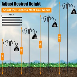 FEED GARDEN 92 Inch Four Shepherd Hooks for Outdoor,Bird Feeder Pole with 5 Prong Base, Adjustable Shepard Hooks for Hanging Plant, Solar Lanterns, Wind Chimes, 2 Pack