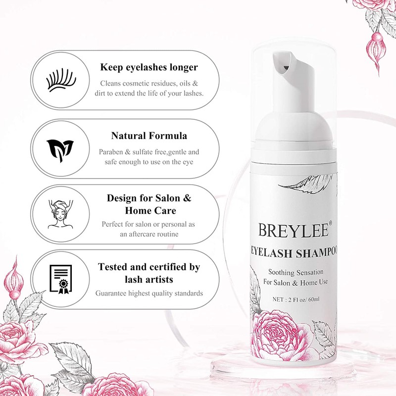 BREYLEE Lash Shampoo Kit 60ml, Rinse Bottle & 2 Brushes,