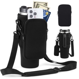 PRAOAHEI Bottle Holder with Bag, Compatible 40 oz Thermos Flasks with Straw and Lid, Water Bottle Holder with Adjustable Strap, Suitable for Hiking, Running, Cycling, Black