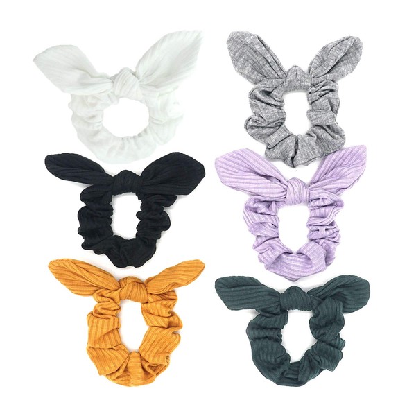 Bunny Ear Scrunchies Cotton Bow Hair Scrunchie Cute Knotted Bowknot Ribbon Ties Elastic Scrunchy Bands Ponytail Holder for Women, Girls (Black, White, Grey, Purple, Yellow, Dark Green)