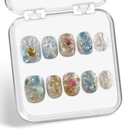 Short Square Shaped Press on Nails Gradient Fake Nails Handmade Press on Nails Luxury Starfish Seashell and Pearl Designs Full Cover Thick Stick on Nails Glitter Acrylic Nails for Women (Size M)