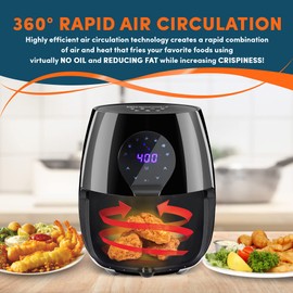 Elite Gourmet EAF5317D Digital 5.3Qt Hot Air Fryer 7 Menu Functions 1350W Oil-Less Healthy Cooker, Timer & Temperature Controls, Black