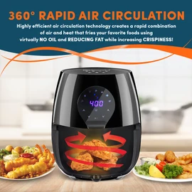 Elite Gourmet EAF5317D Digital 5.3Qt Hot Air Fryer 7 Menu Functions 1350W Oil-Less Healthy Cooker, Timer & Temperature Controls, Black