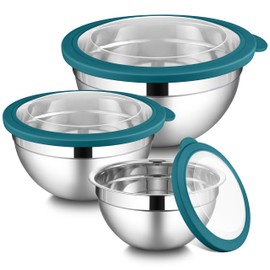 LIANYU Stainless Steel Metal Mixing Bowls, 3 Packs Deep Nesting Mixing Bowls Set for Baking Cooking and Prepping, 4.6 & 3 & 1.5QT Large and Small Size, Include Visible & Airtight Lid, Blue