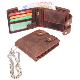MORUCHA RFID Blocking Men's Biker Wallet Genuine Distressed Hunter Leather Purse with Detachable 45cm Metal Safety Chain M100 (Dark Brown)