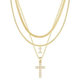 TASISO Layered Gold Necklaces for Women  Tiny Initial Necklaces 14K Gold Plated Stackable Necklaces with CZ Cross Design Safety Pin Necklace Chains:_J