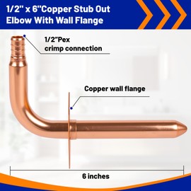 (Znkiok 2 Pack) 1/2 Inch Pex Fittings,Copper Stub Out Elbow With Wall Flange 1/2" x 6"，For Pex B and C Plumbing Systems,UPC,NSF/ANSI 61 Certified.