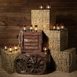 Ferraycle 32 Pcs Western Themed Party Decor Mini Cowboy Hat Lantern Western Boxes Wooden Wagon Wheels Hay Cowboy Table Centerpiece for Adults Rustic My First Rodeo Farmhouse Country Party Accessory