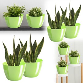 PECZEKO Shiny Flower Pot, Plastic Planter, Decorative Pot for Large and Small Plants, Set of 2 Flower Pot, Herb Pot, Green Pastel, Diameter 16 cm