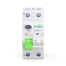TONGOU RCCB RCD Circuit Breaker Type B 2P 63A 230V 30mA 10KA Breaking Capacity for Inverters & EV Charging Stations