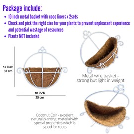 Shoplala Wall Planters Outdoor Plants (2 Pack, 10 Inch) White Metal Wall Mounted Flower Basket with Coco Liner, Balcony Planters Railing Hanging Fence Planter Wire Deck Porch Patio Modern Garden Decor