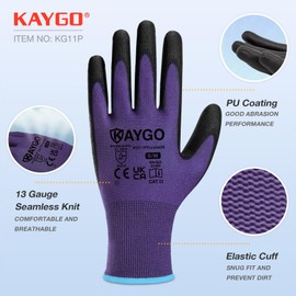 KAYGO Work Gloves PU Coated-12 Pairs, KG11PP, Safety Working Gloves with Secure Grip on Palm & Fingers, for Men and Women, Ideal for General Purpose Light Duty Work, Gardening (Medium, Purple)
