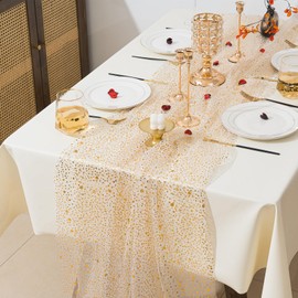 28In x 10 Ft Gold Table Runners, Sheer Chiffon Tulle Cheesecloth with Glitter Metallic Foil, Golden Sequin Gauze Runner for Wedding, Birthday, Baby Shower, Anniversary Party Decor, Polka Dots