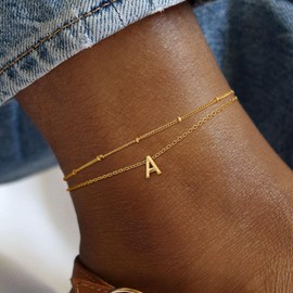 Turandoss Gold Initial Ankle Bracelets for Women Trendy - 14K Gold Plated Layered Bead Chain Ankle Bracelet Initial A Ankle Bracelets Gold Initial Ankle Bracelets for Women Trendy Jewelry Gifts