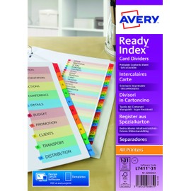 Avery 02004501 200 GSM A4 Pre-Printed Dividers, Multicoloured Tabs 1-31