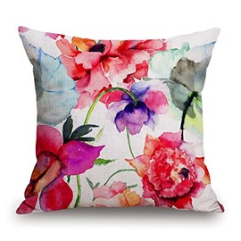 TSSOHU Floral Pillow Cover 18x18 Inch, Flower Cotton Linen Cushion Cover for Home Sofa Chair Decor Red and Purple Watercolor Farmhouse Pillow Case
