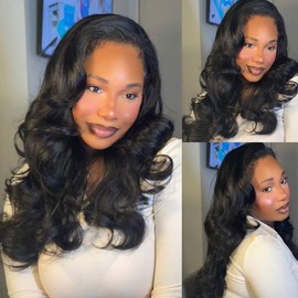 Tinashe Yaki Body Half Wig Invisible Hairline Yaki Straight Kinky Curly Deep Curly Half Wig Human Hair Wigs with Drawstring Cap Design for Easy Wear and Stable Fit:_Yaki Body_16 inch