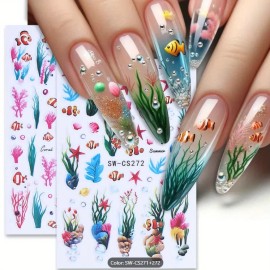 Unbranded 2Pcs Set Nail Stickers Clownfish Seaweed Starfish Ocean Peel Off Decor NH30