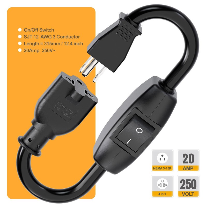 Heavy Duty On/Off Switch Extension Cord 12-AWG 15A Household Plug