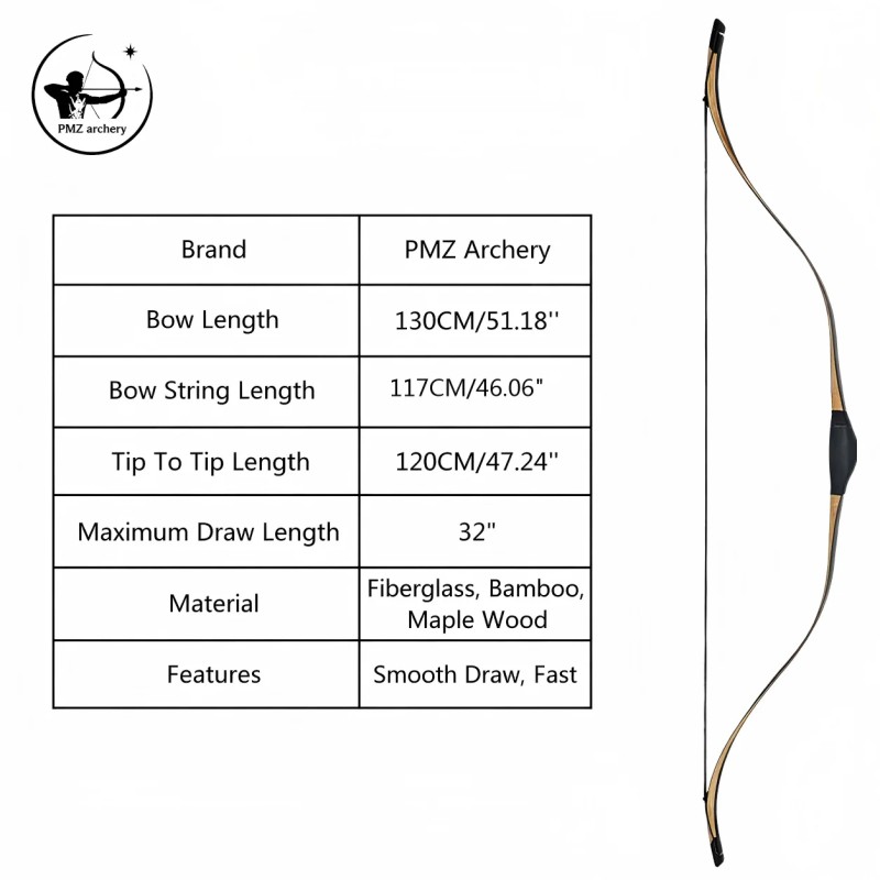 PMZ Archery Bow 51-Inch Lightweight, 20-50 Pounds for Horseback Archery,