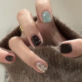 24 Pcs Glitter Blue Coffin Press on Nails Medium Fake Nails, Reusable Glue on Nails Short Ballerina Nails Press ons, French Acrylic False Nails Full Cover Artificial Fingernails for Women