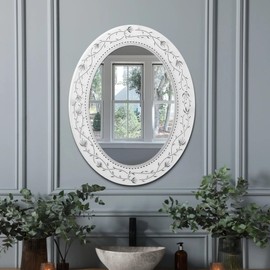 Head West 23"x29" Frosted White Etched Glass Vanity Mirror for Bathroom Wall, Printed Mosaic Accent Oval Vanity Bathroom Mirror for Over Sink, Bedroom, & Living Room
