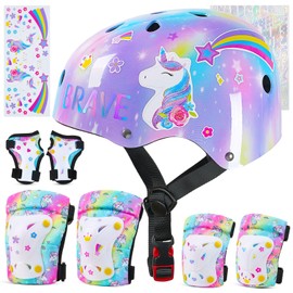FIODAY Kids Bike Helmet, Toddler Helmet Knee and Elbow Pads Wrist Guards Adjustable Protective Gear Set with DIY Sticker for Girls 3-5-8 Years for Skateboard Inline Skating Scooter