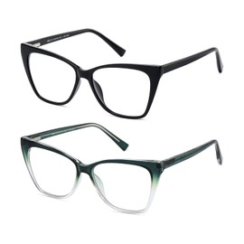Oversized Reading Glasses Women Cat Eye Photochromic Computer Reader Stylish Ladies Designer Fashion Big Unbreakable Eyewear 2Pack Black & Dark Green +2.0x