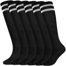 Kids Soccer Socks Boys Football Socks 6 Pairs Girls Striped Knee High Socks Baseball Softball Sports Kids Children (Black, 7-10 Years)