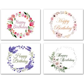 Small World Greetings Floral Wreath Happy Birthday Cards 24 Count - Blank Inside with White Envelopes - A2 Size 5.5" x 4.25" - Friends, Family, Colleagues, and More