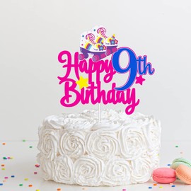 Decoración para tarta de cumpleaños de noveno cumpleaños, colorido de los años 80 y 90 rodando retro Hip Hop temático decoración de pasteles para niñas y niños