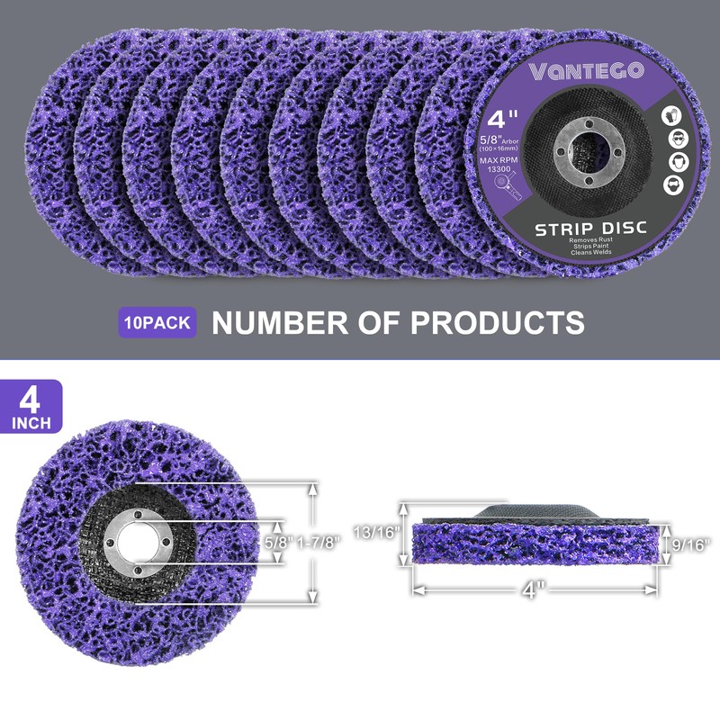 Vantego 10-Pack 4" × 5/8" Purple Paint Stripping Discs for