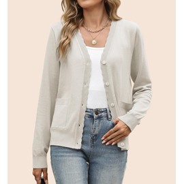 AGSEEM Cardigan for Women Long Sleeve V Neck Button Up Lightweight with Pockets Knit Open Front Sweaters Jacket, Apricot, Large