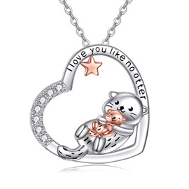 HUKKUN Otter Gifts Sterling Silver Heart Sea Otter Necklace for Women Mother Daughter Necklace From Mom