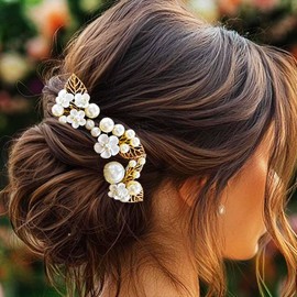 JAKAWIN Pearl Bride Wedding Hair Pins Gold Leaf Hair Piece Flower Bridal Hair Accessories for Women